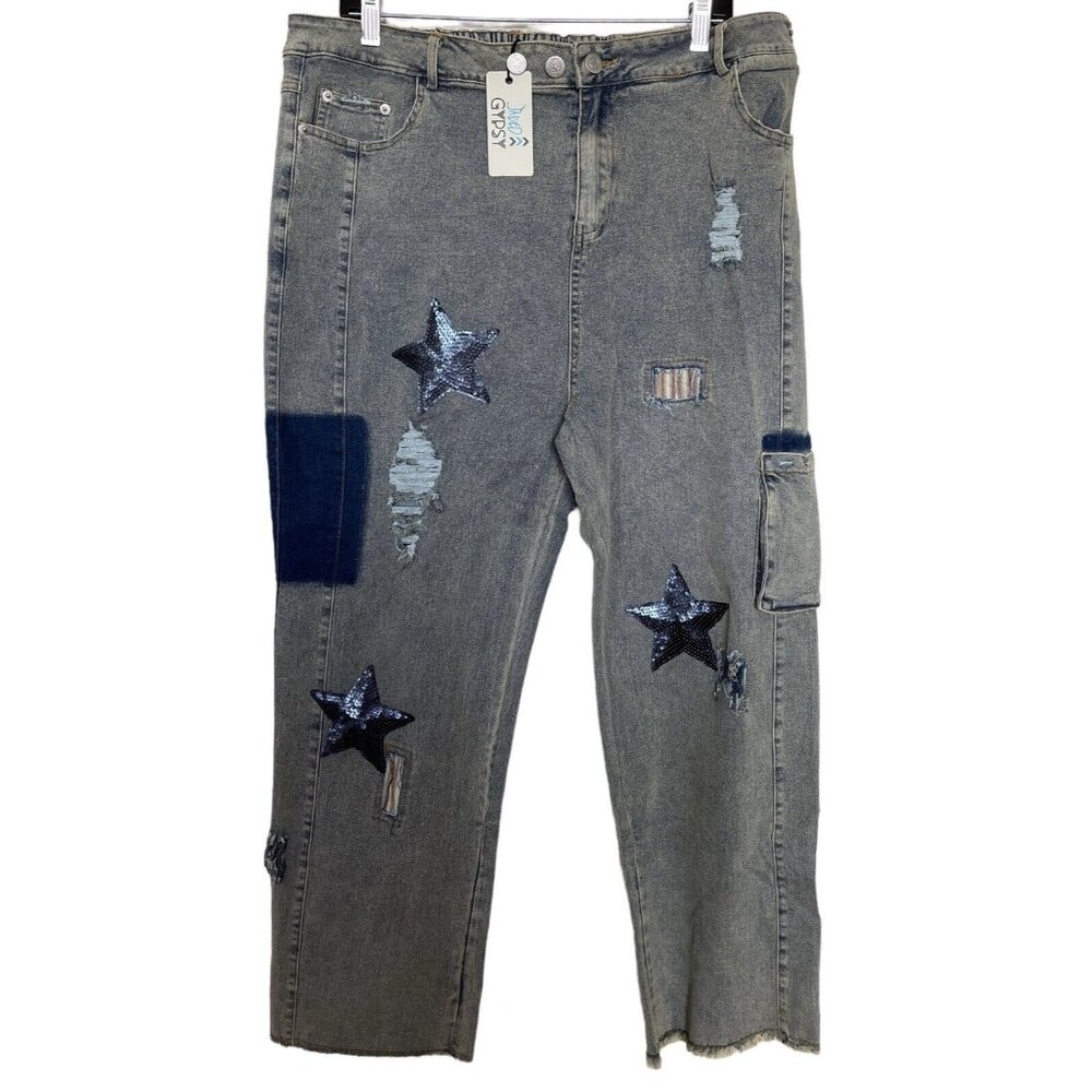 Jaded Gypsy Jeans Womens Size L/XL Galaxy Dreamer Stars Sequins Distressed BOHO‎